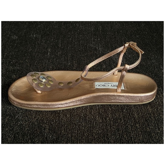 Jimmy Choo  Metallic Rose Gold  Thong Sandals with Rhinestone/Gold Studs Size 7 - Picture 11 of 13
